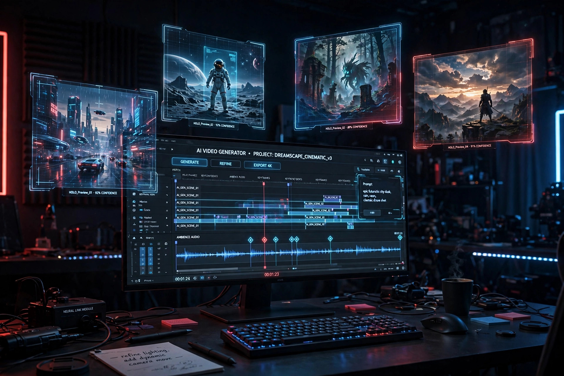 AI video generation studio with holographic frames