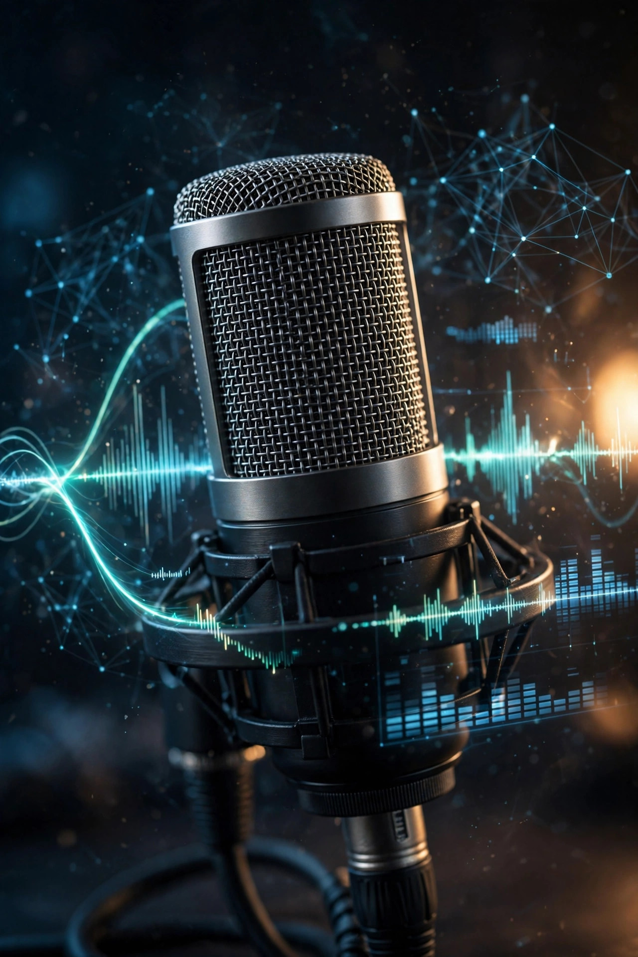 Studio microphone with AI audio waveforms