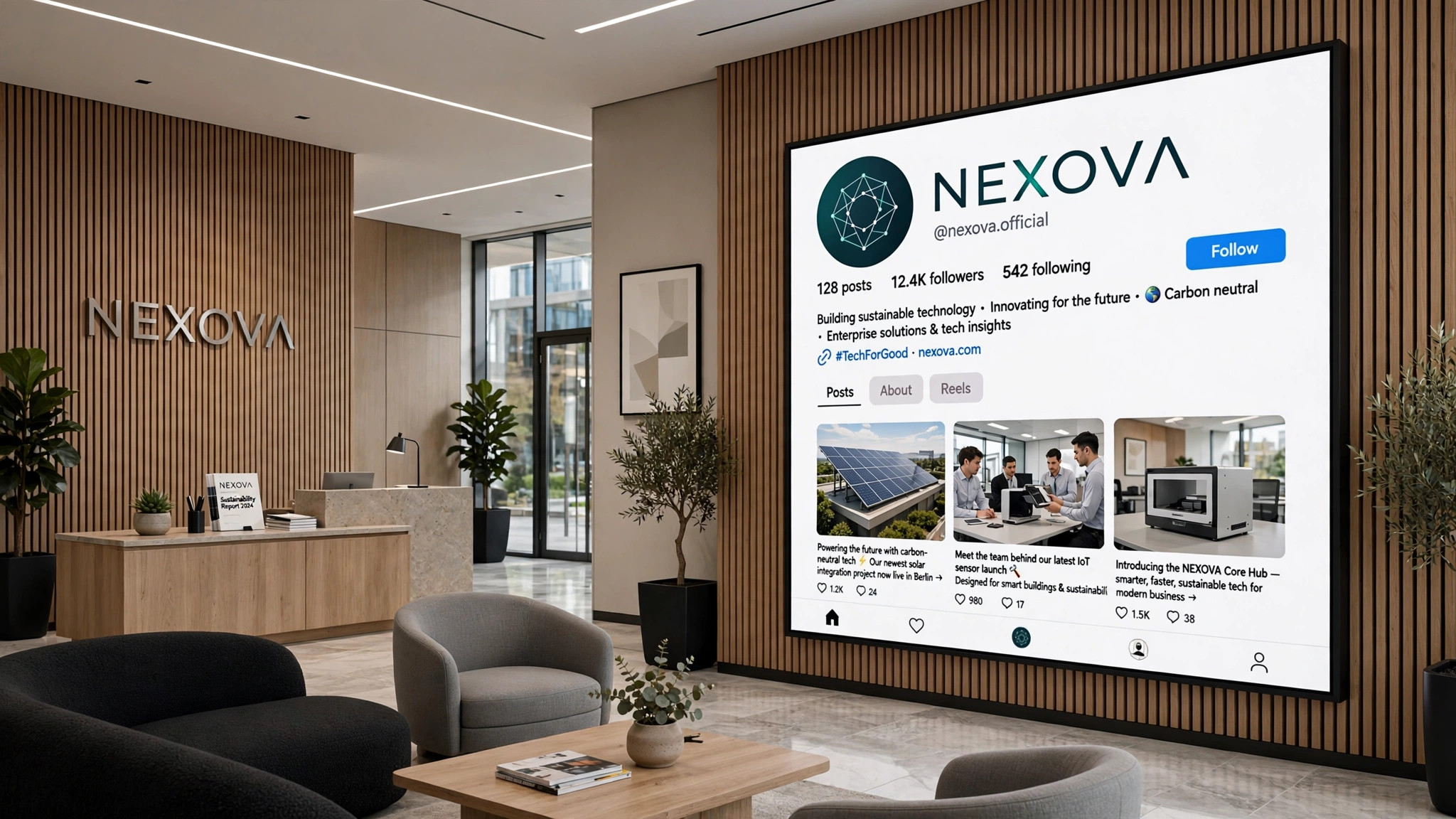 Corporate office lobby with brand social media screen