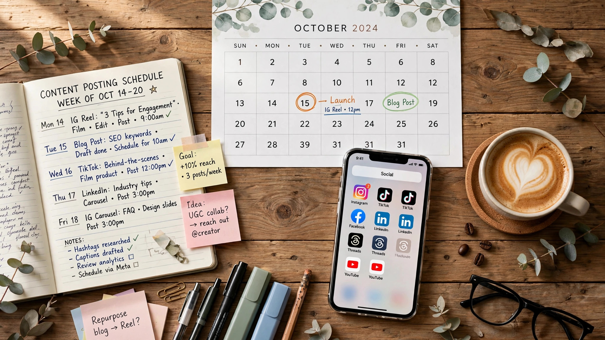 Content planning flat-lay with calendar and phone