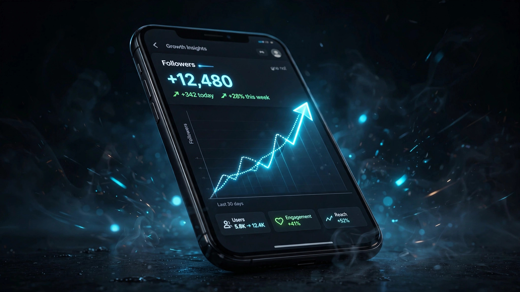 Smartphone showing rising social media growth graph