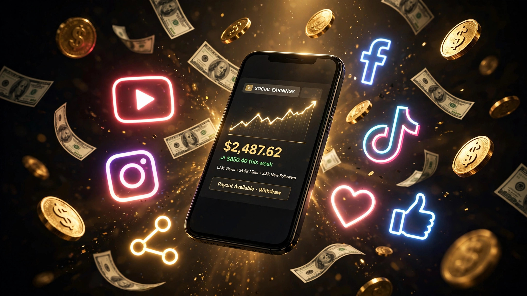 Social media monetisation concept with phone and coins