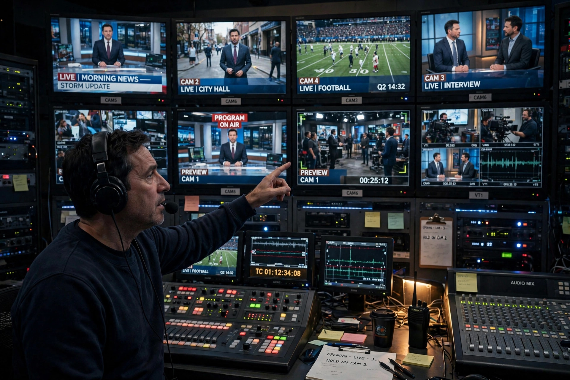 Television studio control room during a live programme