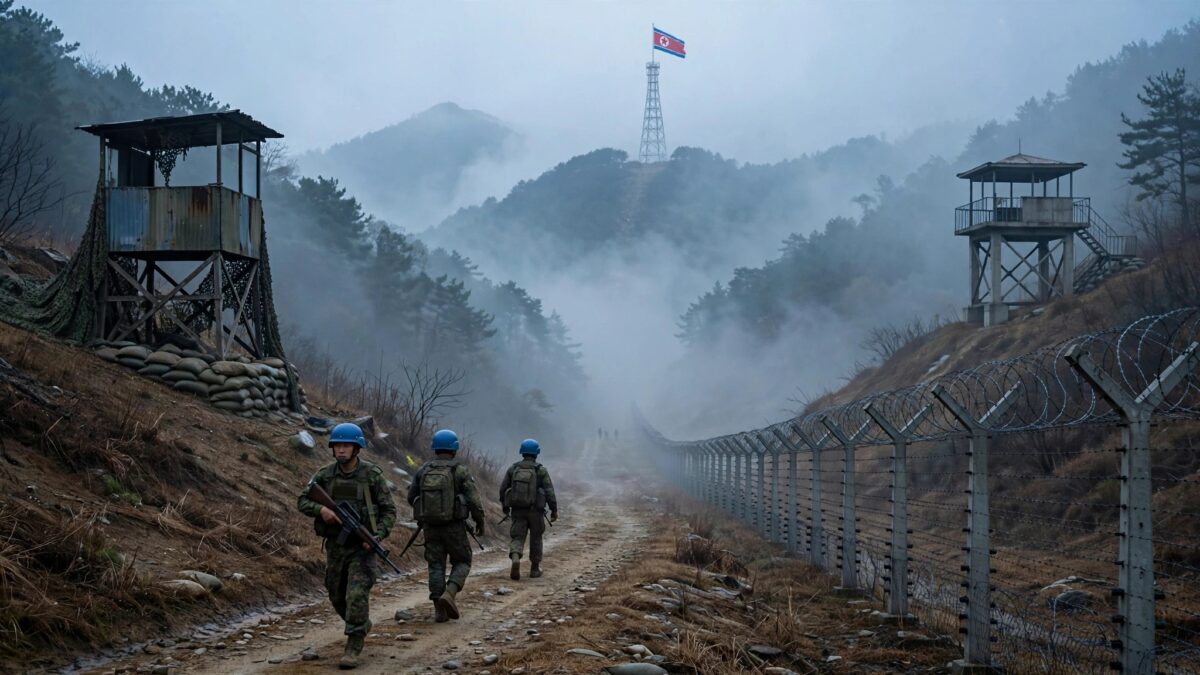 Blue-helmeted UN patrol soldiers walk past a barbed-wire fence in the misty Korean Demilitarized Zone, with watchtowers and a North Korean flag visible in the distance.