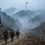 Blue-helmeted UN patrol soldiers walk past a barbed-wire fence in the misty Korean Demilitarized Zone, with watchtowers and a North Korean flag visible in the distance.