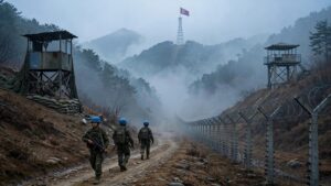 Blue-helmeted UN patrol soldiers walk past a barbed-wire fence in the misty Korean Demilitarized Zone, with watchtowers and a North Korean flag visible in the distance.