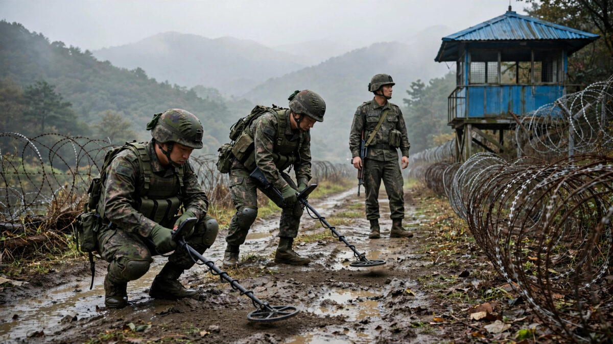 South Korean soldiers sweeping a DMZ patrol path with mine detectors near barbed wire and a watchtower