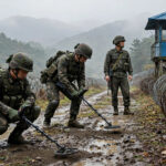 South Korean soldiers sweeping a DMZ patrol path with mine detectors near barbed wire and a watchtower