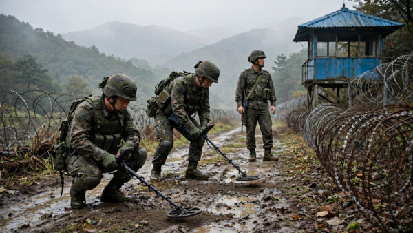 South Korean soldiers sweeping a DMZ patrol path with mine detectors near barbed wire and a watchtower