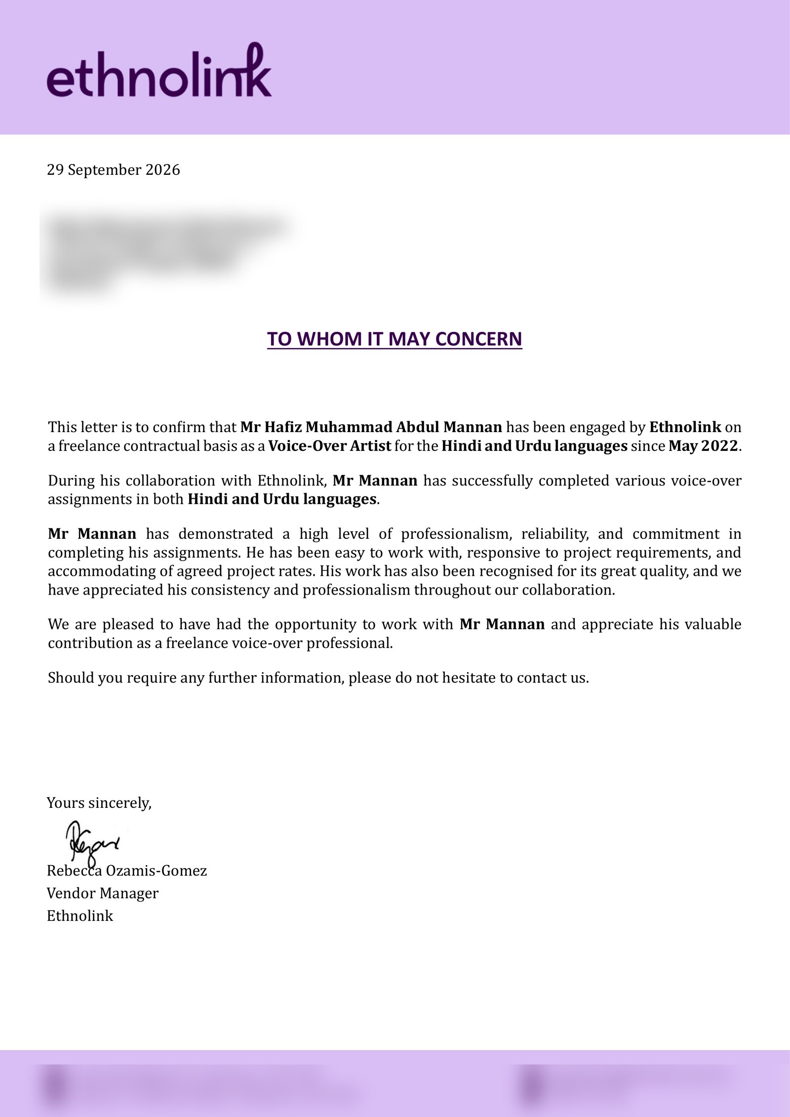 Letter of appreciation issued by Ethnolink Australia to Abdul Mannan — personal and company addresses blurred for privacy