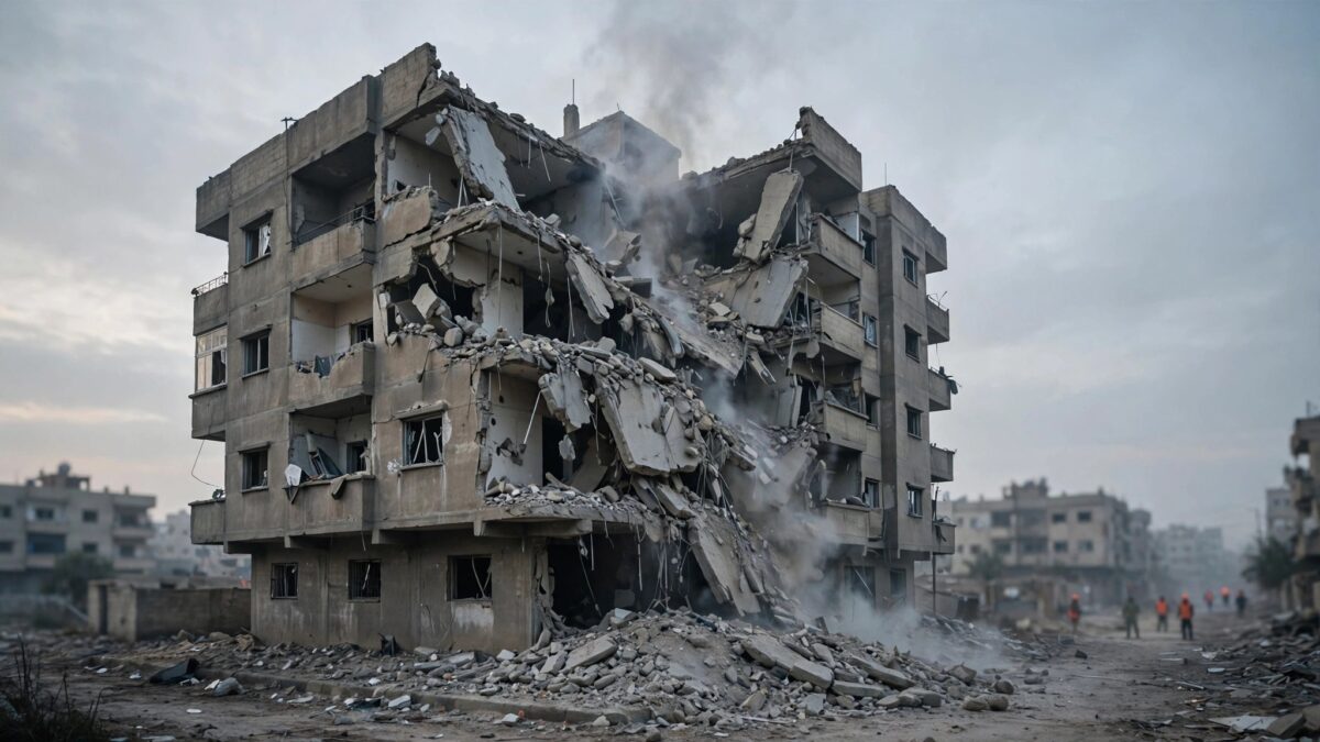 Damaged apartment building in Gaza City's Nasr neighbourhood after an Israeli airstrike, smoke rising at dawn
