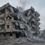 Damaged apartment building in Gaza City's Nasr neighbourhood after an Israeli airstrike, smoke rising at dawn
