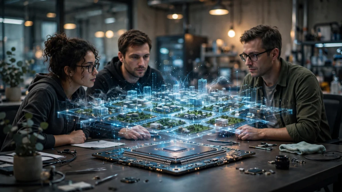 AI researchers examine a holographic 3D city model generated above a computer chip in a research lab