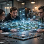 AI researchers examine a holographic 3D city model generated above a computer chip in a research lab