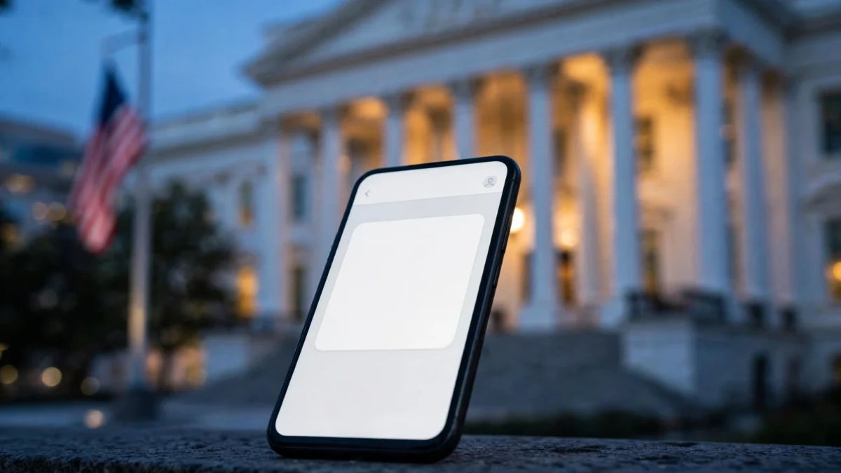 Smartphone showing a government services chat interface in front of a US government building at dusk