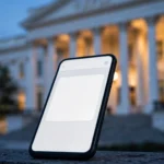 Smartphone showing a government services chat interface in front of a US government building at dusk