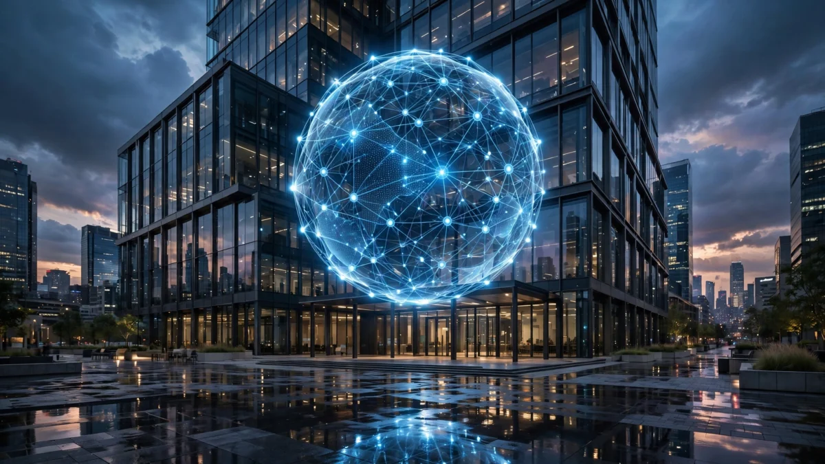 Glass headquarters of an AI company at dusk with a glowing neural-network hologram sphere above the entrance, symbolising Anthropic's AI models and the existential-risk warnings in its IPO filing.