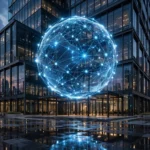 Glass headquarters of an AI company at dusk with a glowing neural-network hologram sphere above the entrance, symbolising Anthropic's AI models and the existential-risk warnings in its IPO filing.