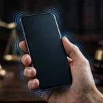 Smartphone with vibration waves and a courtroom gavel — Apple ordered to pay $5.7 billion in haptic patent case.