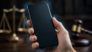 Smartphone with vibration waves and a courtroom gavel — Apple ordered to pay $5.7 billion in haptic patent case.