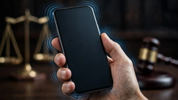 Smartphone with vibration waves and a courtroom gavel — Apple ordered to pay $5.7 billion in haptic patent case.