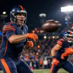 Veteran Bears quarterback in navy and orange throwing a pass under the floodlights during a night game at a packed stadium
