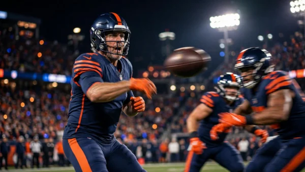Veteran Bears quarterback in navy and orange throwing a pass under the floodlights during a night game at a packed stadium