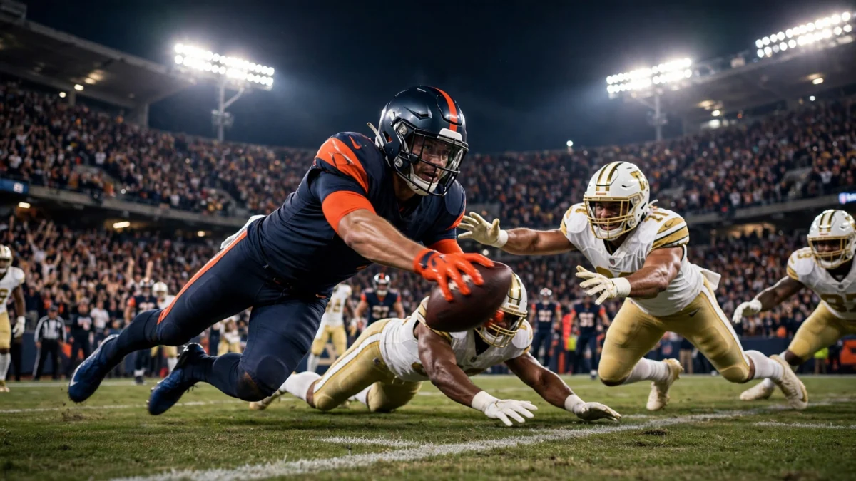 Denver Broncos quarterback diving for the winning touchdown against the Los Angeles Rams under the stadium lights.