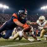 Denver Broncos quarterback diving for the winning touchdown against the Los Angeles Rams under the stadium lights.