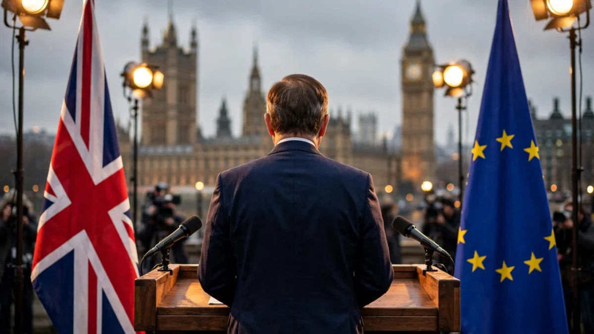 A British prime minister figure at a podium between the Union Jack and European Union flags with the Palace of Westminster behind, at dusk