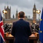 A British prime minister figure at a podium between the Union Jack and European Union flags with the Palace of Westminster behind, at dusk