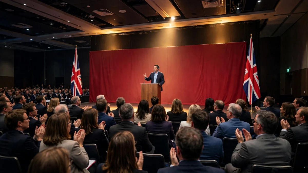 Speaker at a podium on stage at the Labour Party conference in Liverpool, flanked by Union Jack flags, addressing applauding delegates