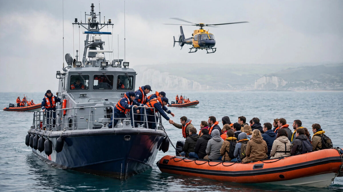 French coastguard rescue ship alongside an overcrowded migrant dinghy in the English Channel during a rescue operation