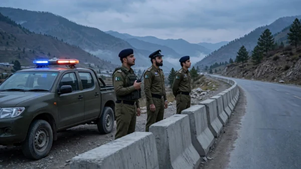 Pakistani police officers standing watch at a security checkpoint on a mountain road in Khyber Pakhtunkhwa