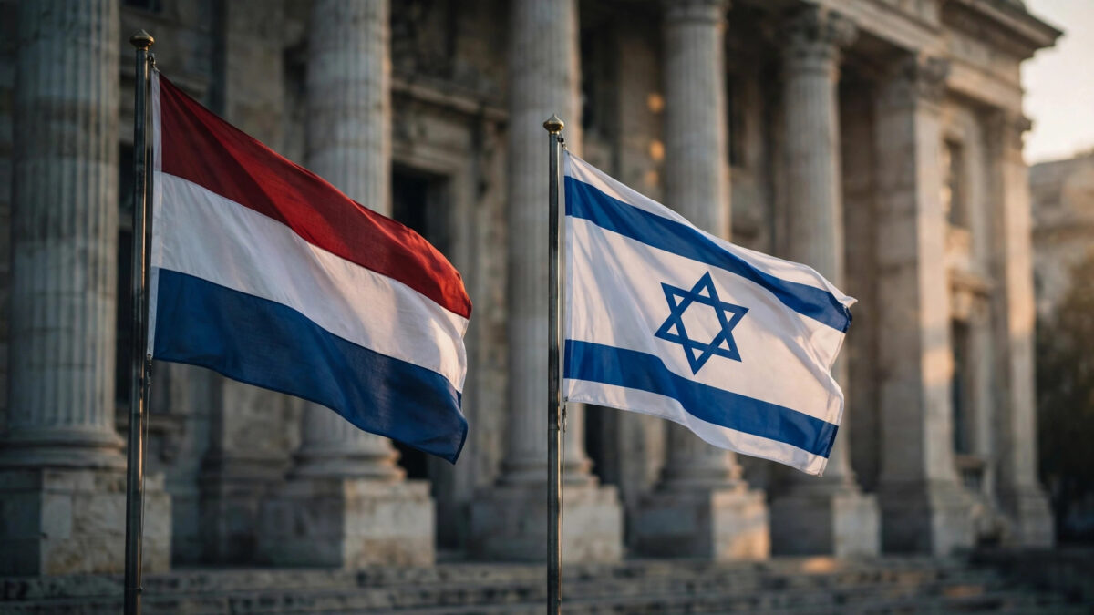 Netherlands and Israeli flags flying outside a government building amid a diplomatic dispute