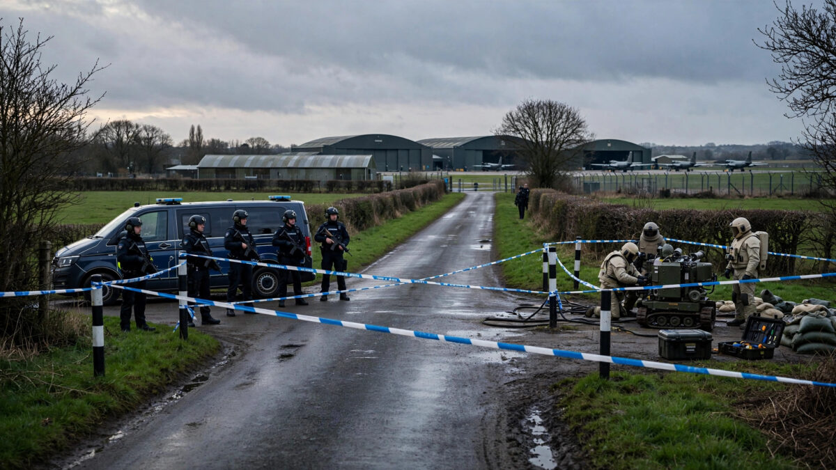 Police cordon and bomb-disposal team outside RAF Fairford airbase