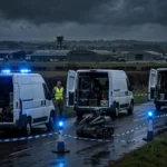 Bomb-disposal robot and police cordon around three white vans near RAF Fairford at night