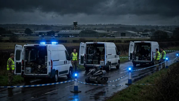 Bomb-disposal robot and police cordon around three white vans near RAF Fairford at night