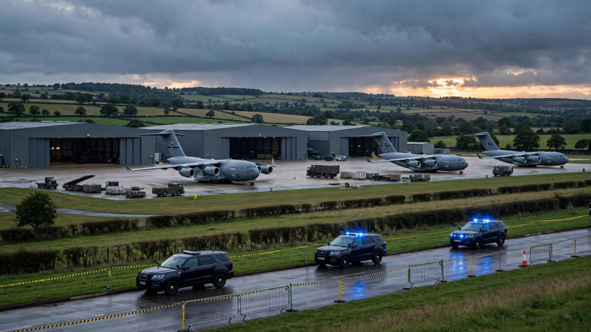 Military airbase at dusk with cargo aircraft and a police cordon on the perimeter road