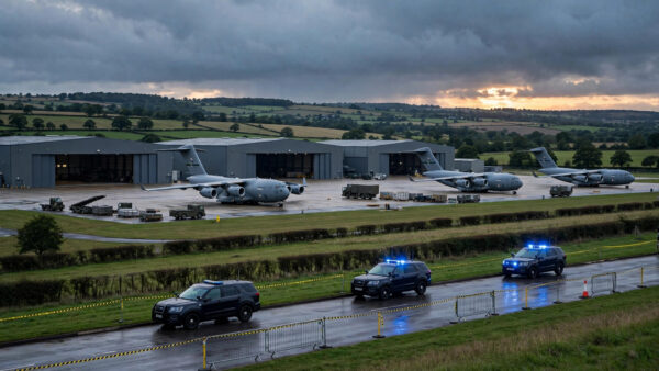 Military airbase at dusk with cargo aircraft and a police cordon on the perimeter road