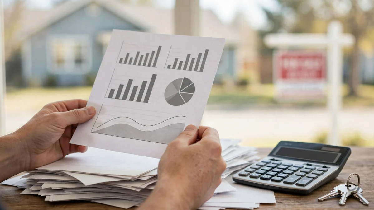 Hands holding a credit report over mortgage paperwork, calculator and house keys, with a house and for-sale sign in the background.
