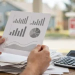 Hands holding a credit report over mortgage paperwork, calculator and house keys, with a house and for-sale sign in the background.