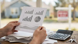 Hands holding a credit report over mortgage paperwork, calculator and house keys, with a house and for-sale sign in the background.