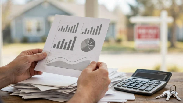 Hands holding a credit report over mortgage paperwork, calculator and house keys, with a house and for-sale sign in the background.