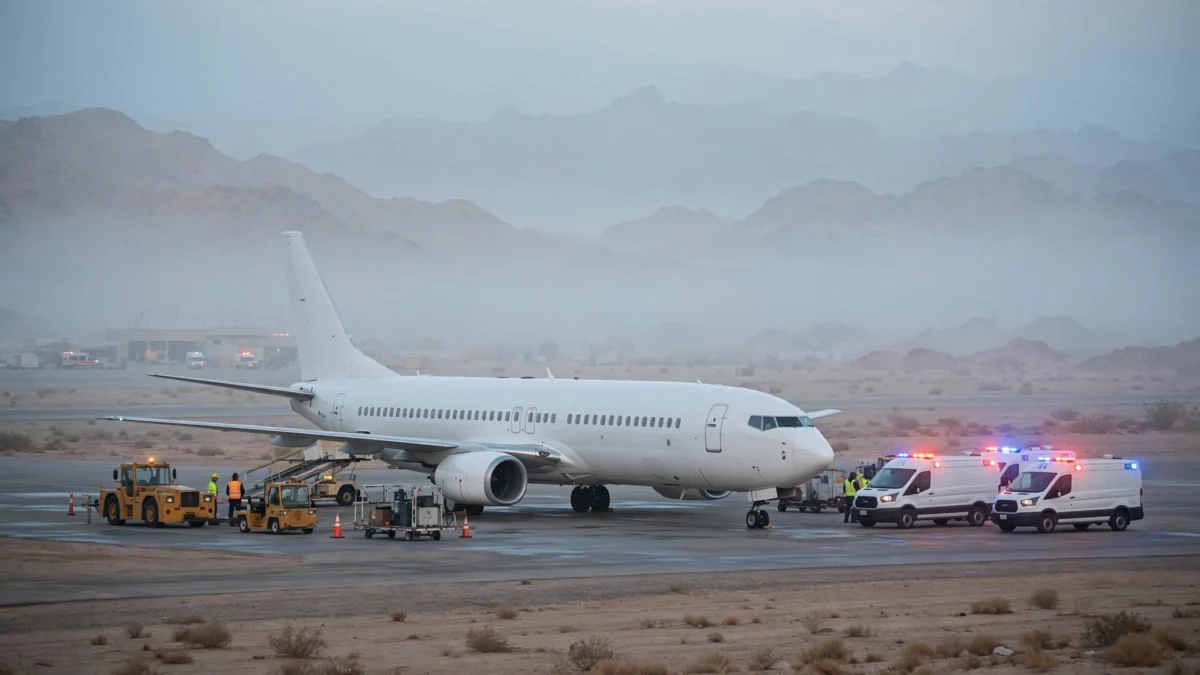 White passenger aircraft on the tarmac at Tabuk airport in Saudi Arabia surrounded by emergency vehicles after its emergency diversion.