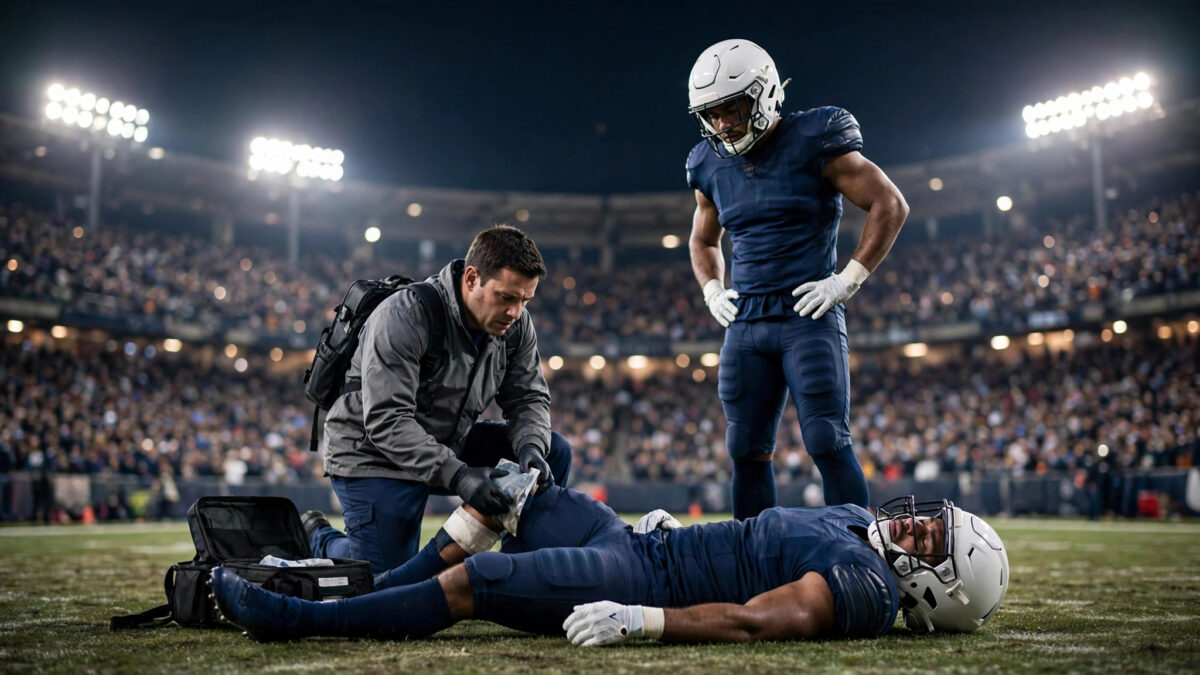 Brian Burns lying on the turf as a Giants medical staffer treats his knee under night stadium lights