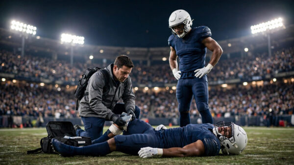 Brian Burns lying on the turf as a Giants medical staffer treats his knee under night stadium lights