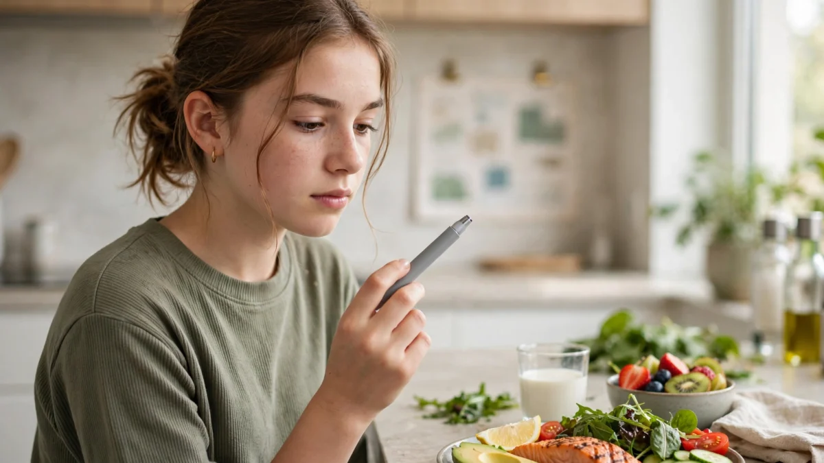 Teenager holding a weekly weight-loss injection pen beside a balanced healthy meal in a bright kitchen.
