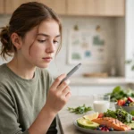 Teenager holding a weekly weight-loss injection pen beside a balanced healthy meal in a bright kitchen.