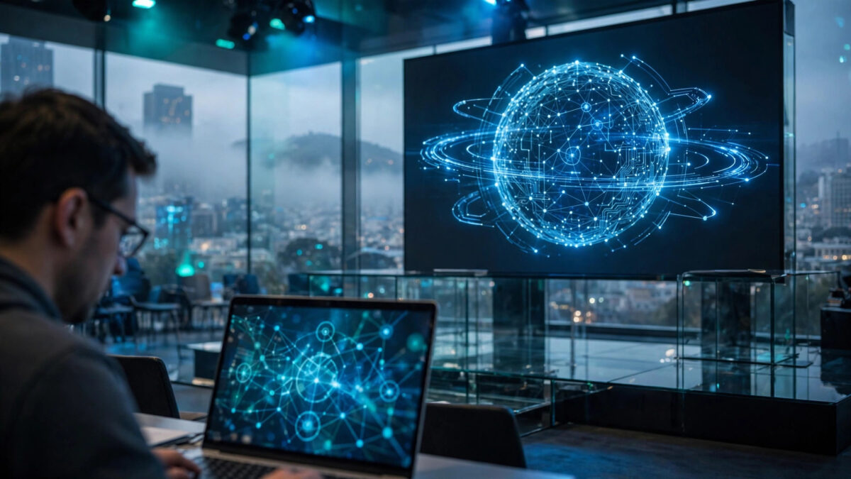 A developer works on a laptop in front of a large stage screen displaying a glowing blue neural-network sphere at an AI conference